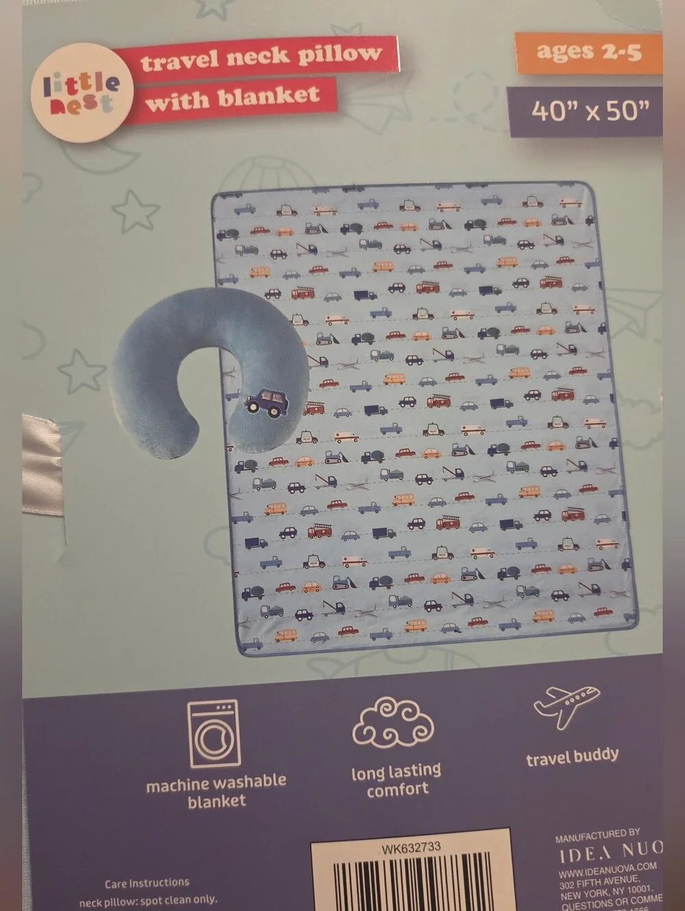 Boys Toddler Blue Kids Travel Blanket with Neck Pillow